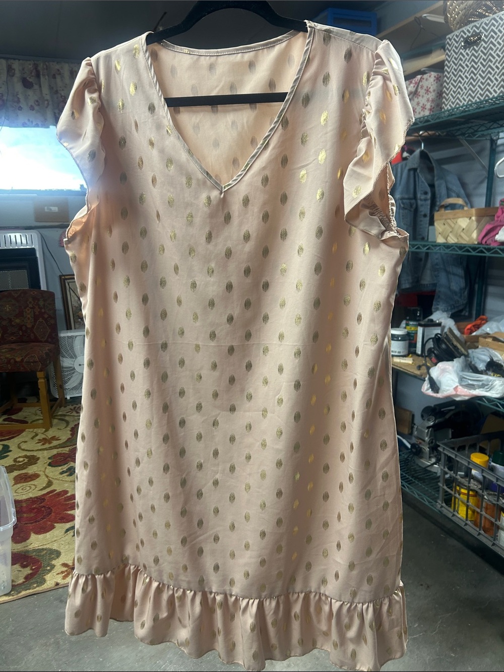 SHEIN Light Pink/Peach Gold Dot V-Neck Ruffle Midi Dress